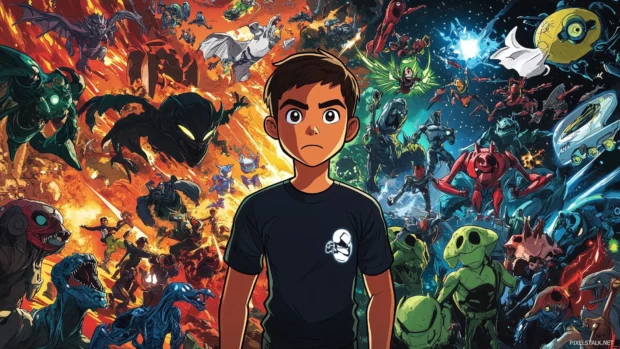 Ben Tennyson's alien transformations, dynamic backgrounds, Cartoon Network logo.