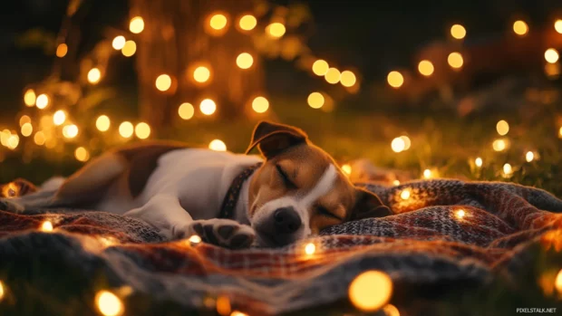 Beneath fairy lights, the puppy dozes on a picnic blanket.