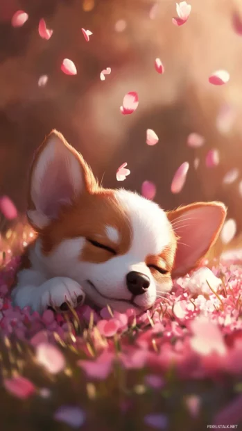 Beneath falling petals, a cute puppy closes its eyes peacefully.