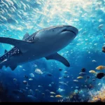 Beneath the waves, whale shark framed by schools of fish.