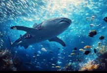 Beneath the waves, whale shark framed by schools of fish.