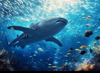 Beneath the waves, whale shark framed by schools of fish.