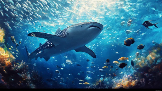 Beneath the waves, whale shark framed by schools of fish.