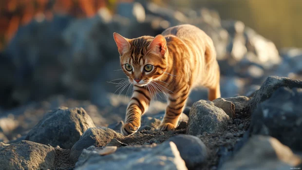 Bengal cat exploring rocky terrain, nature themed Cat PC Wallpapers with strong SEO appeal.