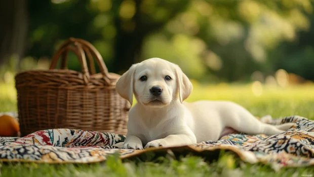 Beside a picnic basket, the cute puppy lies on a patterned blanket in the park.