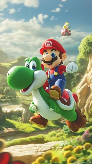 Best Super Mario backgrounds iPhone, showcasing Luigi and Yoshi riding through a colorful Yoshi's Island landscape.