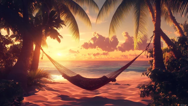Best summer PC wallpaper showing a hammock under palm trees, relaxing vibe, perfect for vacation mood.