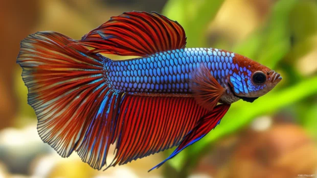 Betta fish close up, detailed shimmering fins, body reflecting light, tranquil aquatic environment swimming.