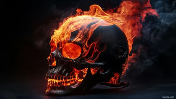 Biker skull helmet burning with crimson flames.