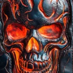 Biker skull in graffiti leather with flame reflections.