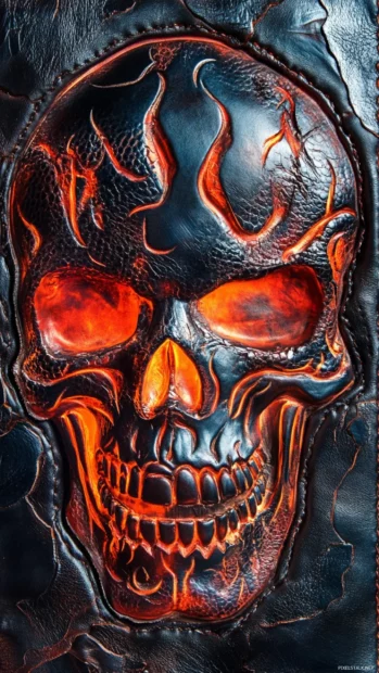 Biker skull in graffiti leather with flame reflections.