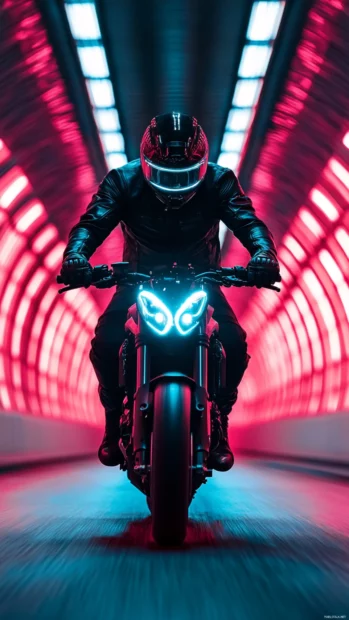 Biker with LED mask riding through a tunnel of plasma ads.