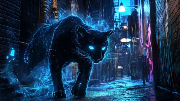 Bio engineered panther prowling through an alley lit by plasma lamps and digital graffiti.