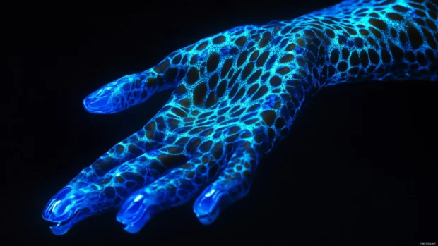 Bio luminescent patterns on the skin of an alien creature, a detailed and mesmerizing trippy texture.