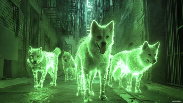 Bioengineered street dogs roaming neon alleys in a futuristic urban neighborhood.