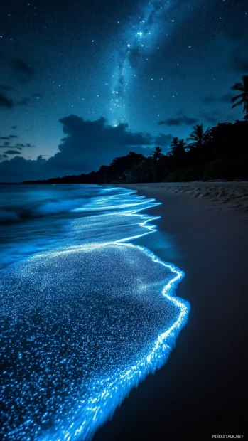 Bioluminescent beach night, waves sparkling electric blue, starlit sky.