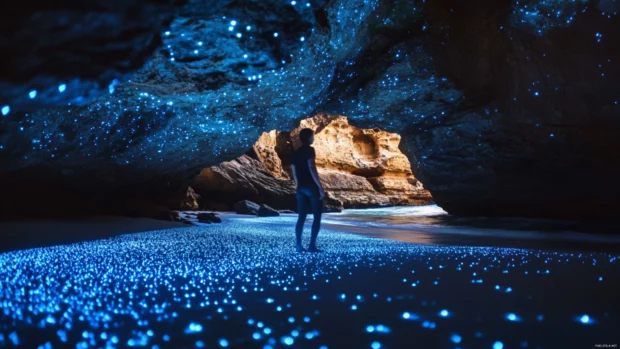 Bioluminescent cave positioned with minimalist balance and contrast.