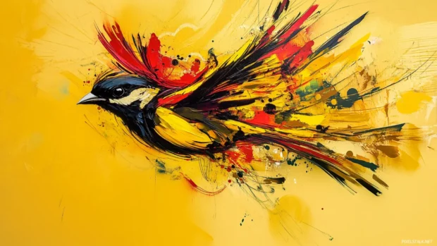 Bird in flight made from layered brush graffiti in yellow and red.