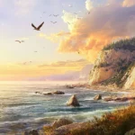 Birds circling above a pretty sun drenched coastline.