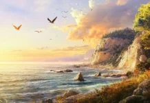 Birds circling above a pretty sun drenched coastline.