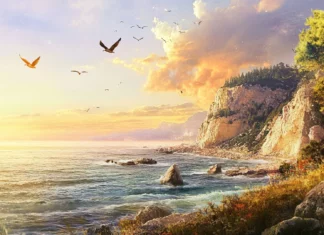 Birds circling above a pretty sun drenched coastline.