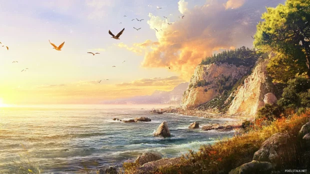 Birds circling above a pretty sun drenched coastline.