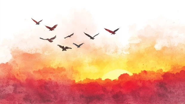 Birds flying home across a fiery watercolor sunset horizon.
