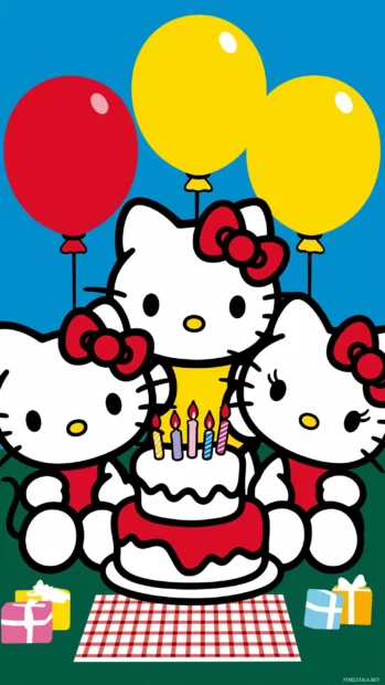 Birthday party with Hello Kitty and friends, colorful balloons, cake, and presents in a garden.