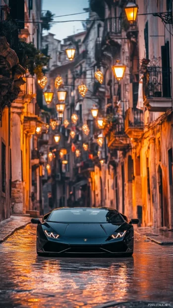 Black Lamborghini driving beneath hanging street lamps in a narrow city road.
