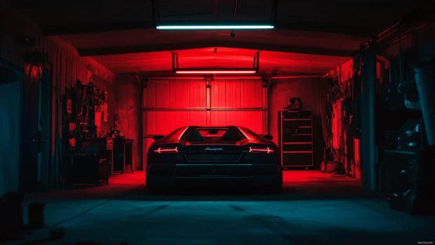 Black Lamborghini in a garage illuminated only by red overhead lights.