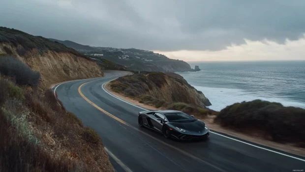Black Lamborghini on winding coastal road during a dramatic overcast sky.
