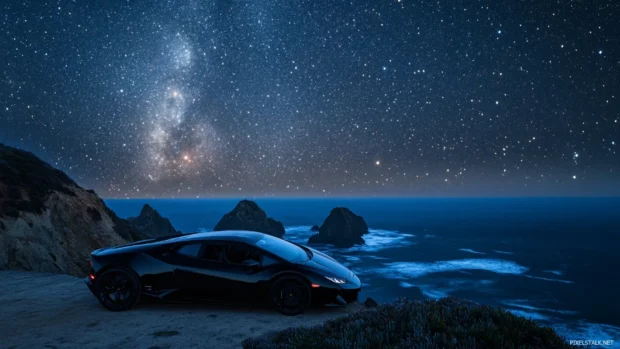 Black Lamborghini parked at cliffs edge with ocean below and stars above.