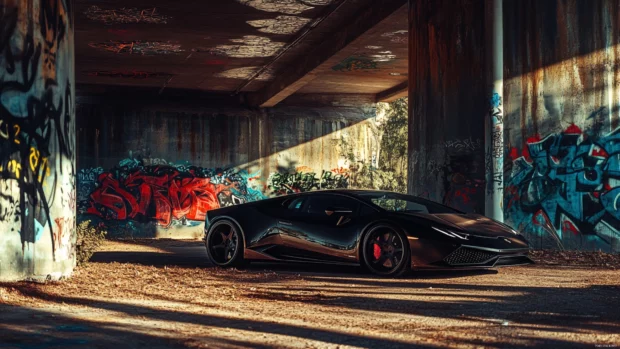 Black Lamborghini parked under a bridge with graffiti walls and shadows.
