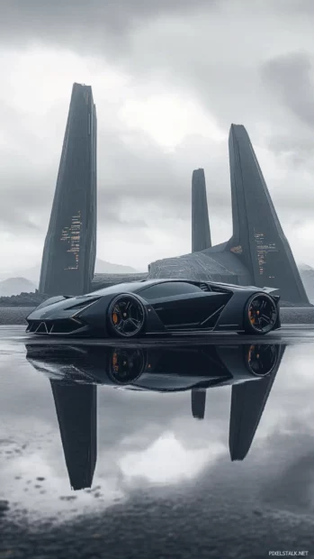 Black Lamborghini reflected in calm waters near a futuristic monument.