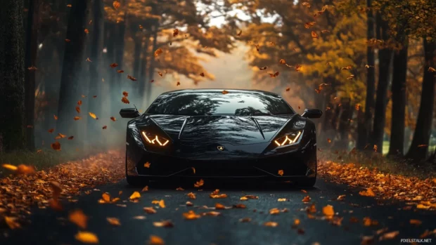 Black Lamborghini surrounded by flying autumn leaves on a scenic forest road.