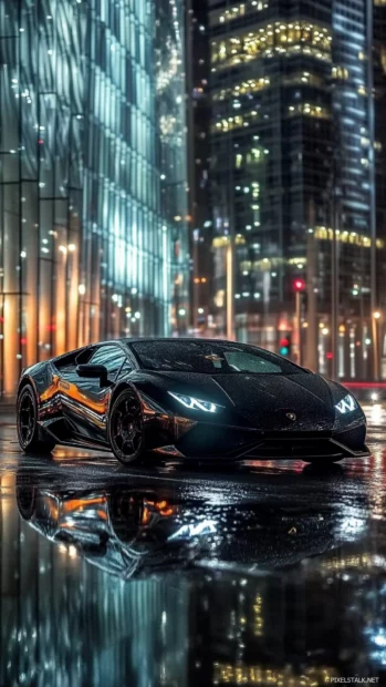 Black Lamborghini surrounded by glass buildings reflecting night city lights.