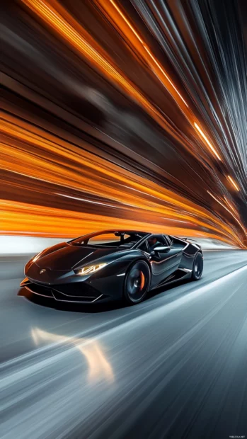 Black Lamborghini wallpaper in vertical frame drifting through a tunnel with orange light trails.