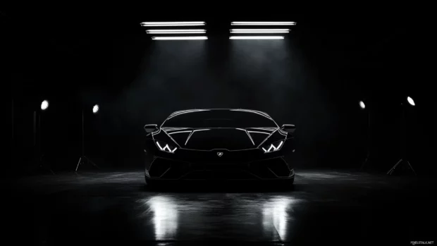 Black Lamborghini wallpaper showcasing a glossy Huracan under spotlights in a dark studio.