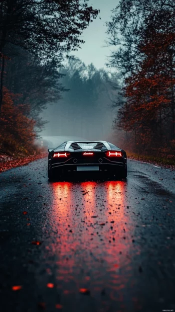 Black Lamborghini wallpaper showing taillights glowing in motion blur on a dark road.