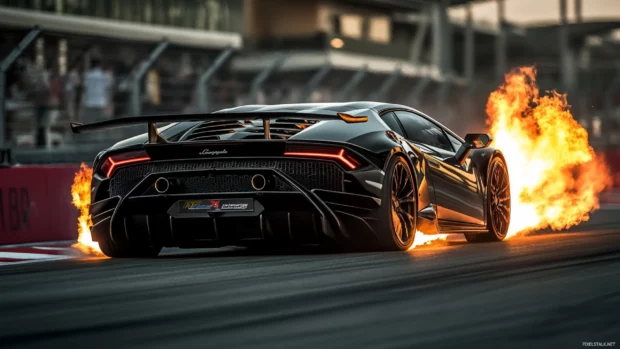 Black Lamborghini wallpaper with flames shooting from exhaust pipes on a racetrack.