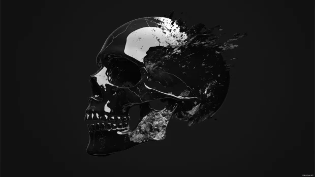 Black abstract skull, silver paint splashes, fragmented style, dark minimalist background.
