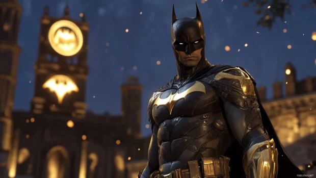 Black and gold armor Batman standing in front of Bat Signal.