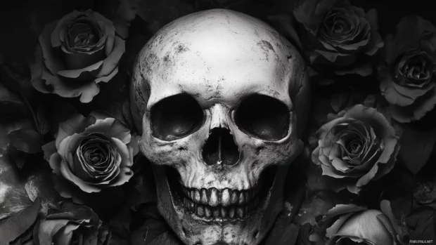 Black and white skull, roses in grayscale, vintage faded background.