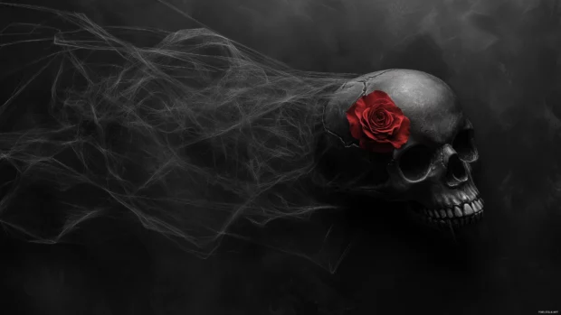 Black and white skull, single red rose, soft lines, subtle shading.