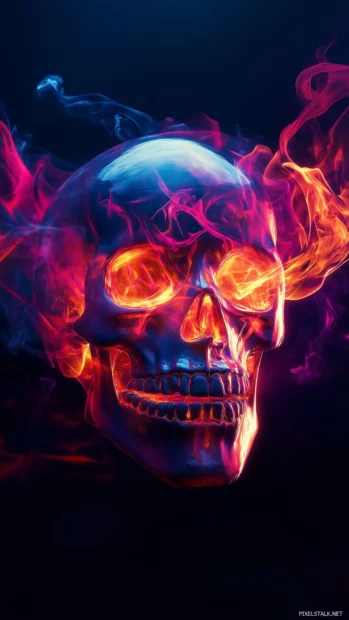 Black background, neon skull, red orange flames, striking colors.