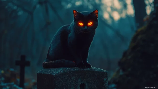 Black cat with glowing eyes sitting on a gravestone, Halloween PC Wallpapers composition.