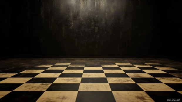 Black chessboard in a dark room.