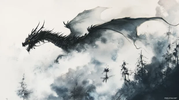Black dragon flying through mist.