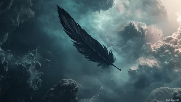 Black feather floating in void.