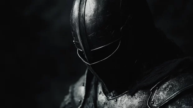 Black helmet warrior in shadows.